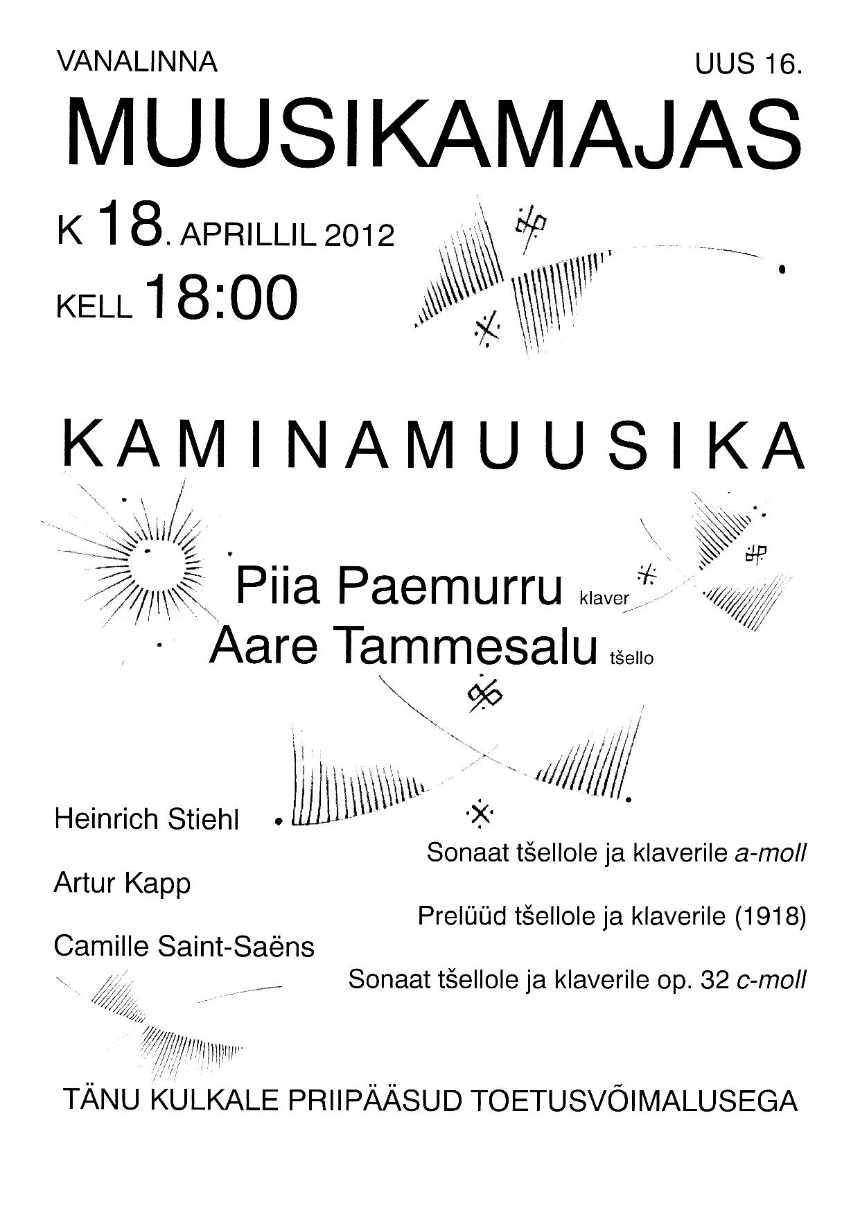 KAMINAMUUSIKA 18. aprillil kl 18.00, esinejateks Aare Tammesalu ja Piia Paemurru